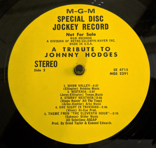Johnny Hodges : A Tribute To Johnny Hodges (LP, Comp, Promo, RE)