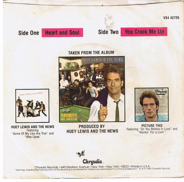 Huey Lewis & The News : Heart And Soul (7", Single, Styrene, Pit)