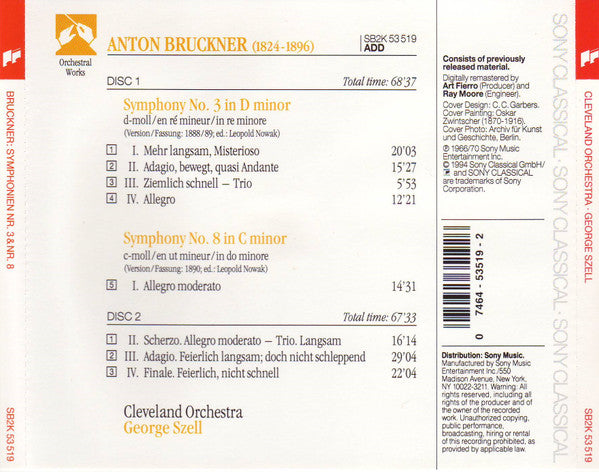 Anton Bruckner, The Cleveland Orchestra, George Szell : Symphonies No. 3 & No. 8 (2xCD, Comp, RM)