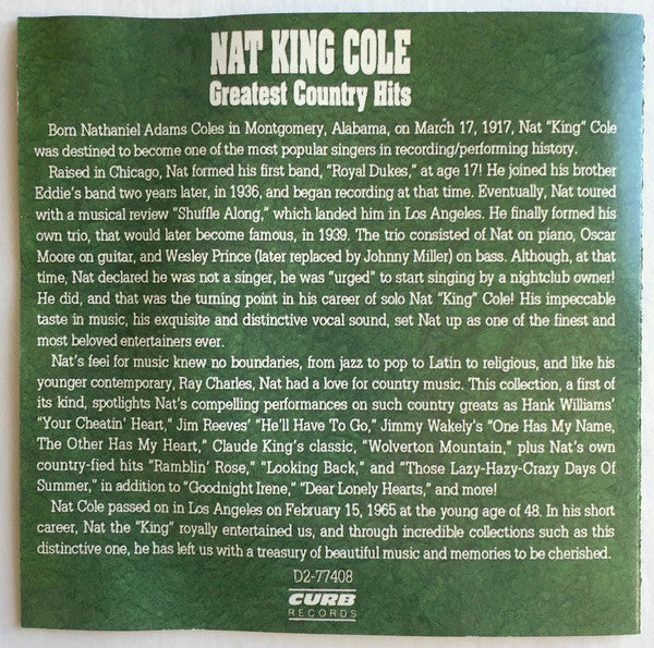 Nat King Cole : Greatest Country Hits (CD, Comp)