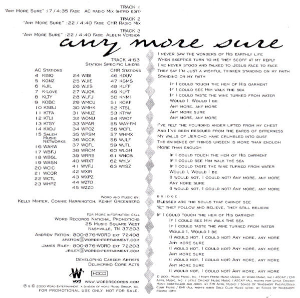 Kelly Minter : Any More Sure (CD, Single, Promo)