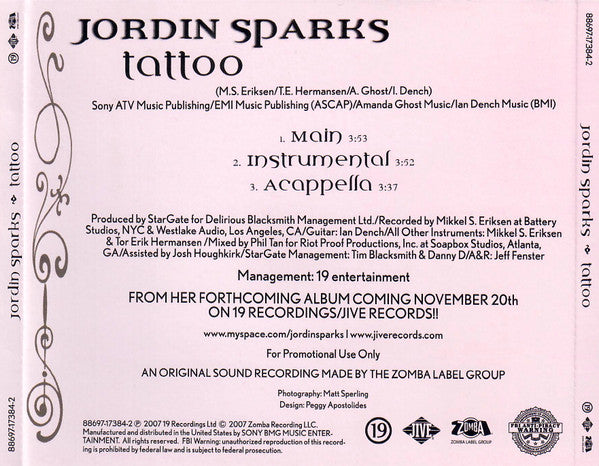 Jordin Sparks : Tattoo (CD, Single, Promo)