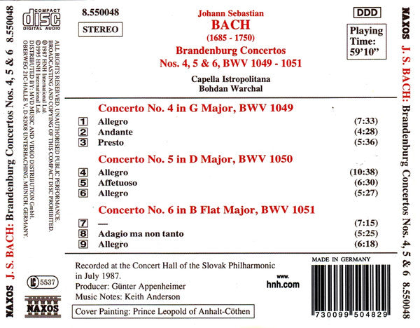 Johann Sebastian Bach / Capella Istropolitana / Bohdan Warchal : Brandenburg Concertos Nos. 4, 5 & 6 (CD)