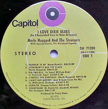 Merle Haggard And The Strangers (5) : I Love Dixie Blues ... So I Recorded "Live" In New Orleans (LP, Album, Club)
