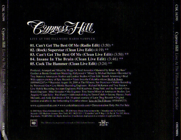 Cypress Hill : Live At The Fillmore Radio Sampler (CD, Promo, Smplr)