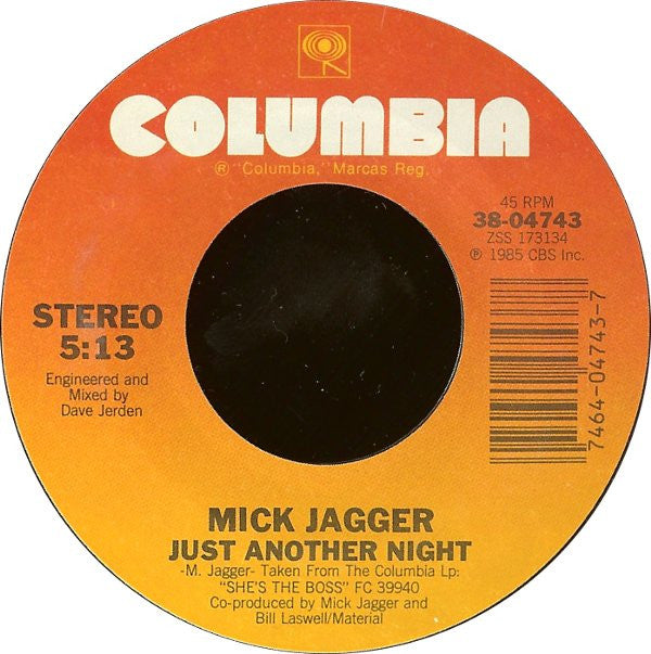 Mick Jagger : Just Another Night (7", Single, Styrene, Pit)
