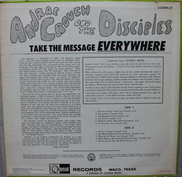Andraé Crouch & The Disciples : Take The Message Everywhere (LP, Album, RE)
