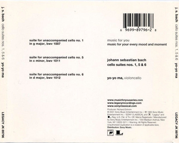 J. S. Bach* - Yo-Yo Ma : Cello Suites Nos. 1, 5 & 6 (CD, Comp, RE)