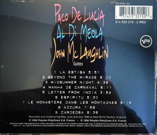 Paco De Lucía, Al Di Meola, John McLaughlin : The Guitar Trio (CD, Album, RP)