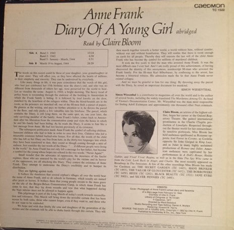 Anne Frank (2) Read By Claire Bloom : Diary Of A Young Girl (LP)