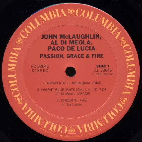 John McLaughlin, Al Di Meola, Paco De Lucía : Passion, Grace & Fire (LP, Album, Car)