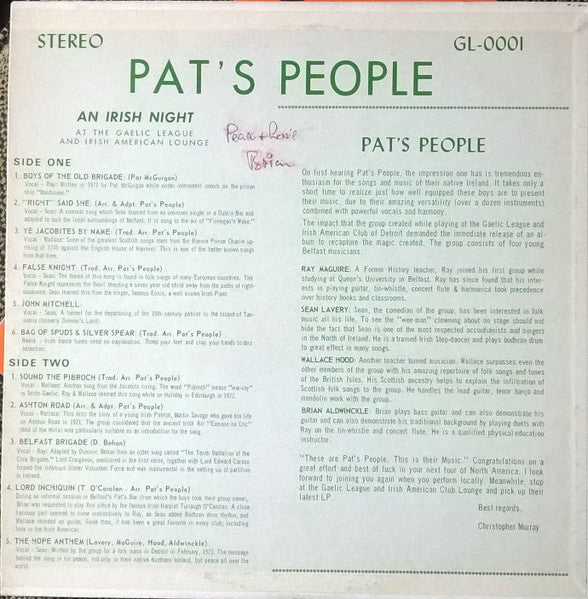 Pat's People : An Irish Night At The Gaelic League And Irish American Lounge (LP, Album)