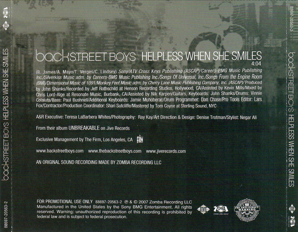 Backstreet Boys : Helpless When She Smiles (CD, Single, Promo)