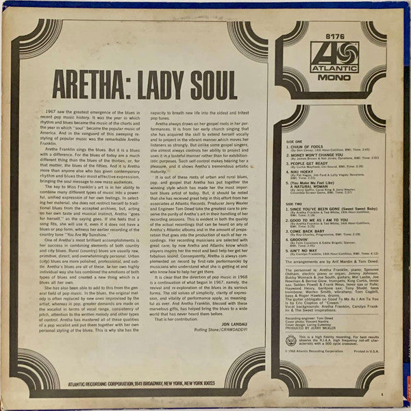 Aretha Franklin : Lady Soul (LP, Album, Mono, CT )