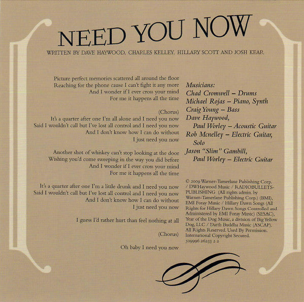 Lady Antebellum : Need You Now (2010 Remix) (CD, Single, Promo)