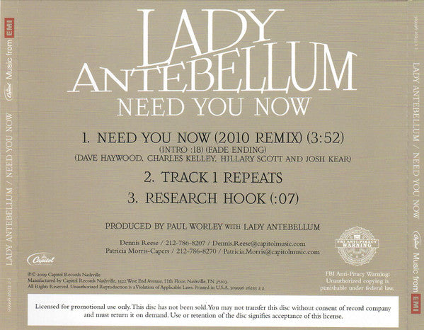 Lady Antebellum : Need You Now (2010 Remix) (CD, Single, Promo)