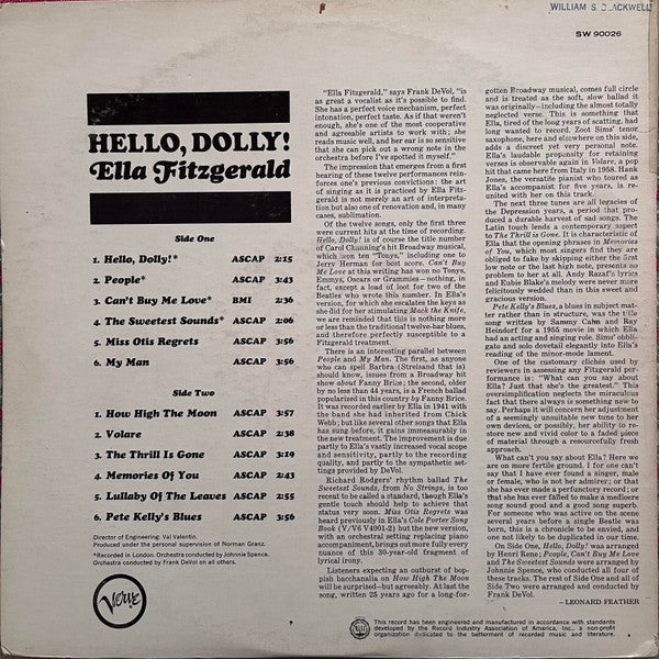 Ella Fitzgerald : Hello, Dolly! (LP, Album, Club, Cap)