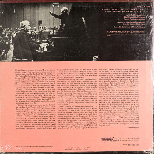 Arthur Rubinstein, The Philadelphia Orchestra, Eugene Ormandy : Frédéric Chopin : Concerto No. 2 In F Minor / Grand Fantasy On Polish Airs (LP, Album)