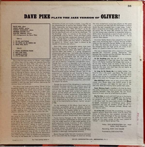 Dave Pike : Plays The Jazz Version Of Oliver! (LP, Album, Mono)