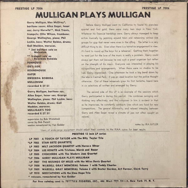 Gerry Mulligan : Mulligan Plays Mulligan (LP, Comp, Mono, RM)