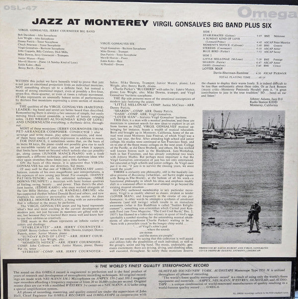 Virgil Gonsalves Big Band Plus Virgil Gonsalves Sextet : Jazz At Monterey  (LP, Album)
