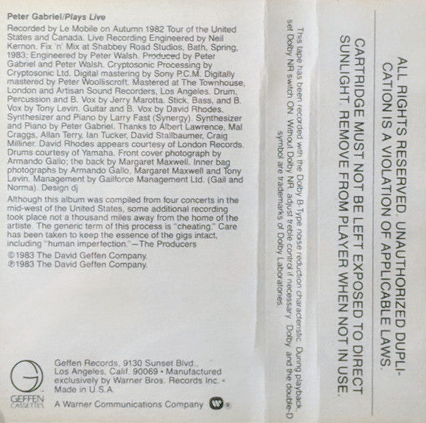 Peter Gabriel : Plays Live (Cass, Album, Dou)