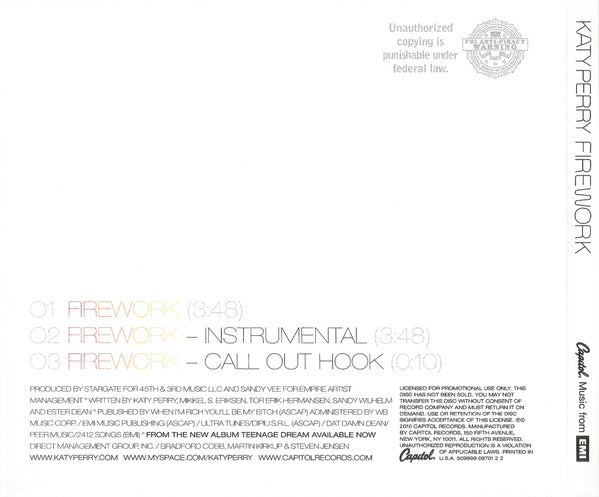 Katy Perry : Firework (CD, Single, Promo)