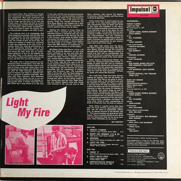Bob Thiele And His New Happy Times Orchestra / Gabor Szabo With The California Dreamers And Tom Scott & Bill Plummer : Light My Fire (LP, Album, Gat)