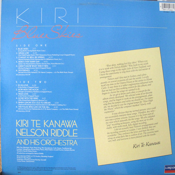 Kiri Te Kanawa, Nelson Riddle And His Orchestra : Blue Skies (LP, Album)