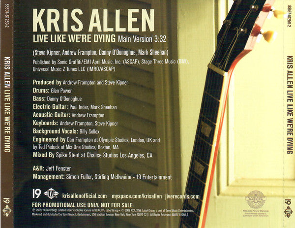 Kris Allen : Live Like We're Dying (CD, Single, Promo)