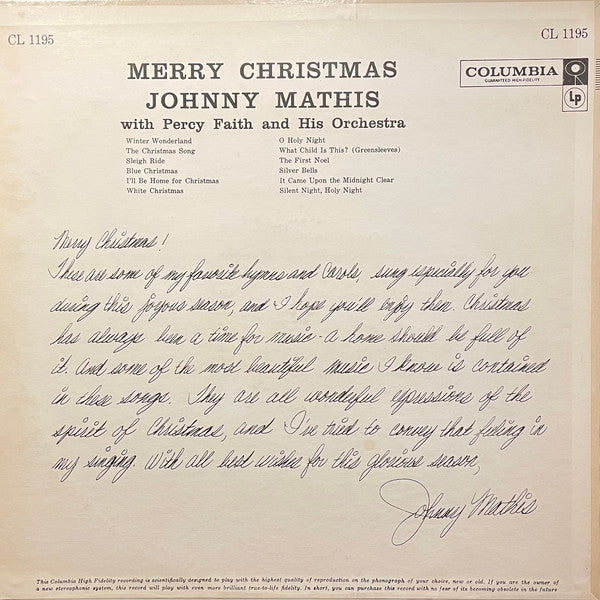 Johnny Mathis : Merry Christmas (LP, Album, Mono, RE)