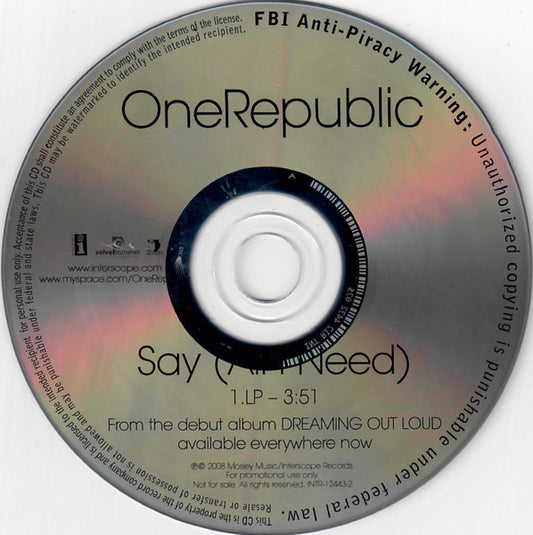 OneRepublic : Say (All I Need) (CD, Single, Promo)
