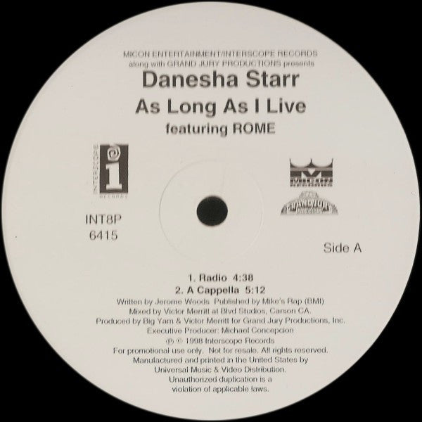 Danesha Starr : As Long As I Live (12", Single, Promo)