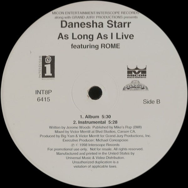 Danesha Starr : As Long As I Live (12", Single, Promo)