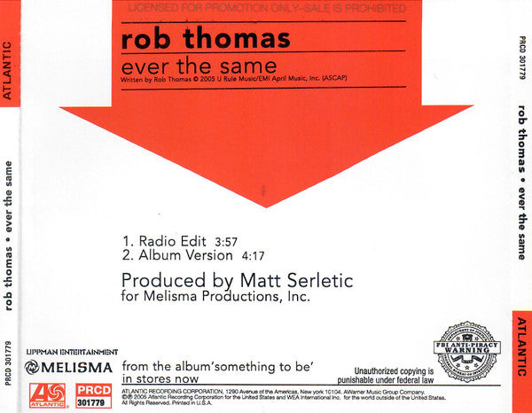 Rob Thomas : Ever The Same (CD, Single, Promo)
