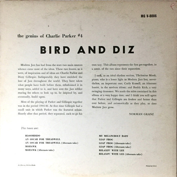 Bird (28) And Dizzy Gillespie : Bird And Diz (LP, Album, Mono, RE, Yel)