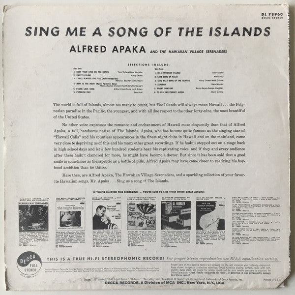 Alfred Apaka & The Hawaiian Village Serenaders* : Sing Me A Song Of The Islands (LP, Album, RP)