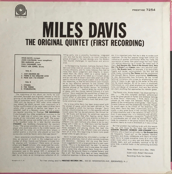 Miles Davis : The Original Quintet (First Recording) (LP, Album, Mono, RE)