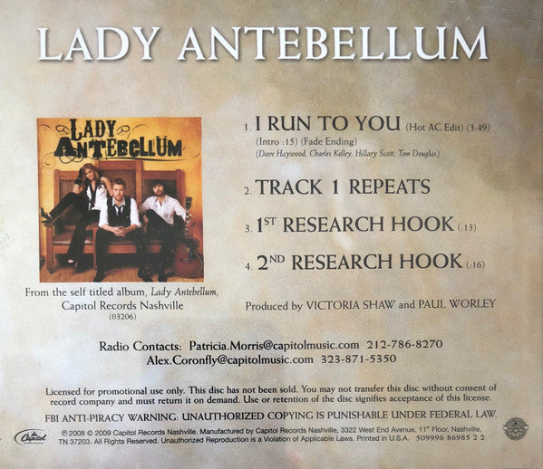 Lady Antebellum : I Run To You (CD, Single, Promo)