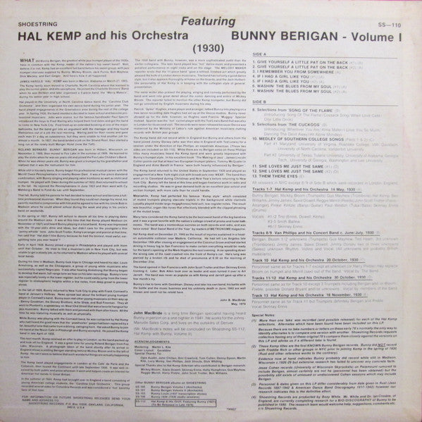 Hal Kemp And His Orchestra : Featuring Bunny Berigan - Volume I (1930) (LP)