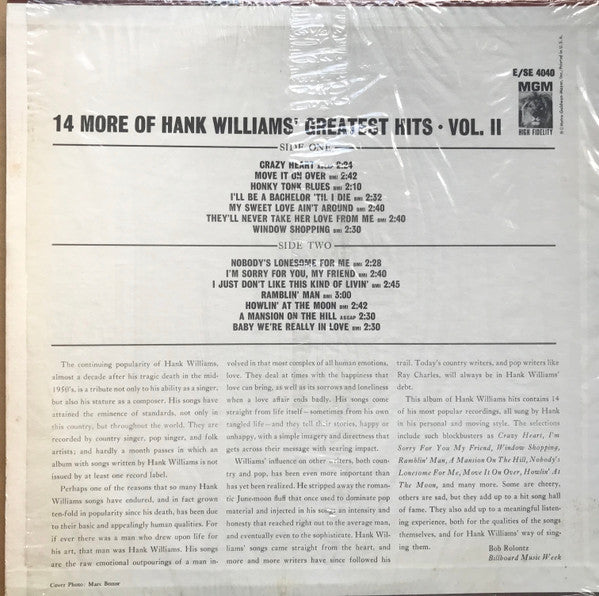 Hank Williams : 14 More Of Hank Williams' Greatest Hits Vol. II (LP, Comp, RE)