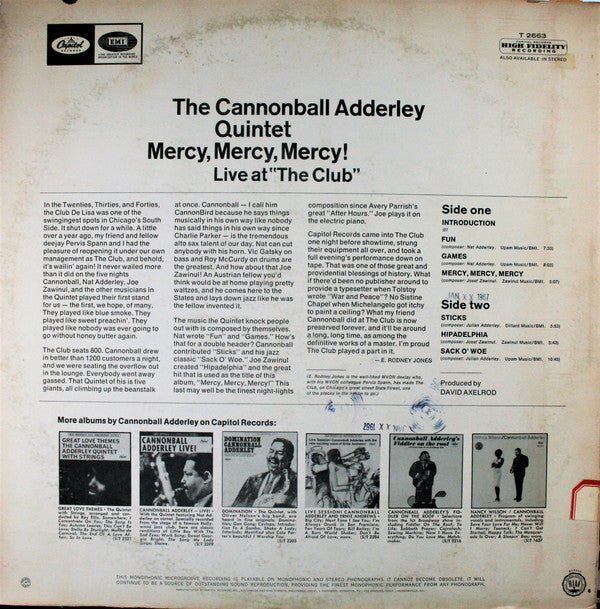 The Cannonball Adderley Quintet : Mercy, Mercy, Mercy! - Live At "The Club" (LP, Album, Mono, Jac)