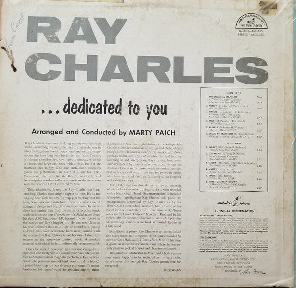 Ray Charles : ...Dedicated To You (LP, Album, Mono)