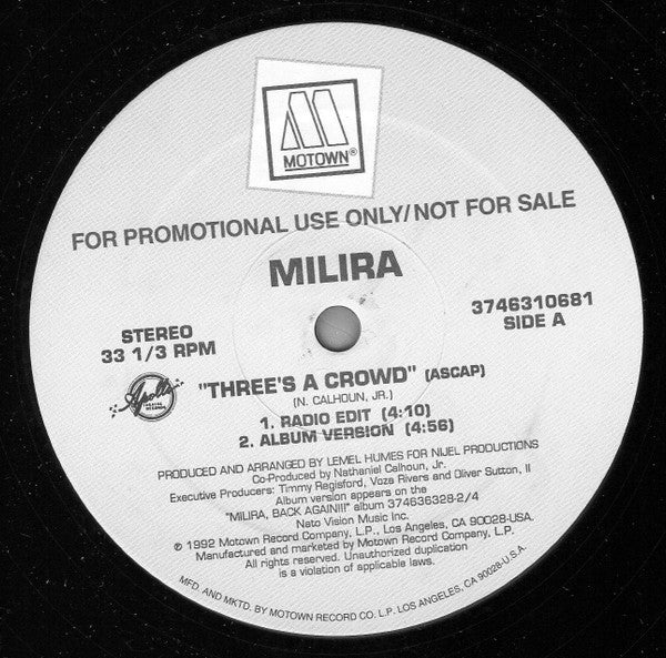Milira : Three's A Crowd (12", Promo)