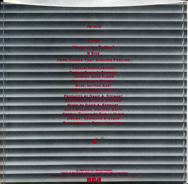 Eurythmics : Would I Lie To You? (7", Single, Styrene, Ind)