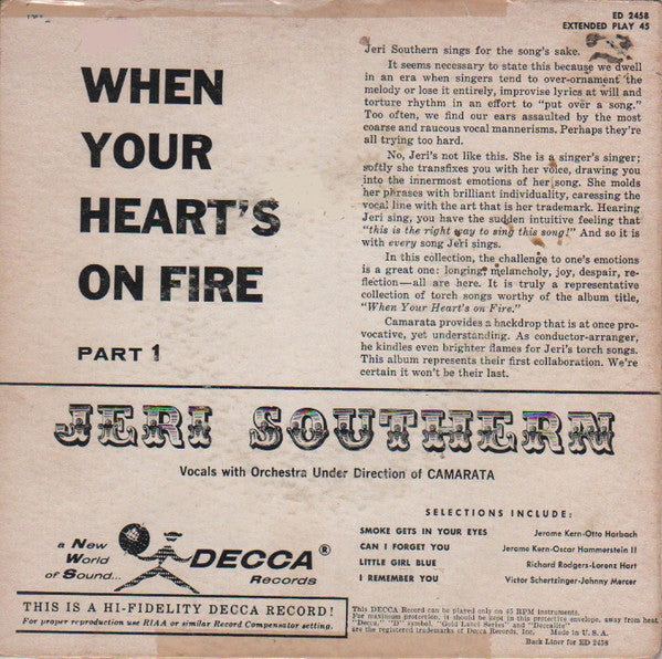 Jeri Southern : When Your Heart's On Fire - Part 1 (7", EP)