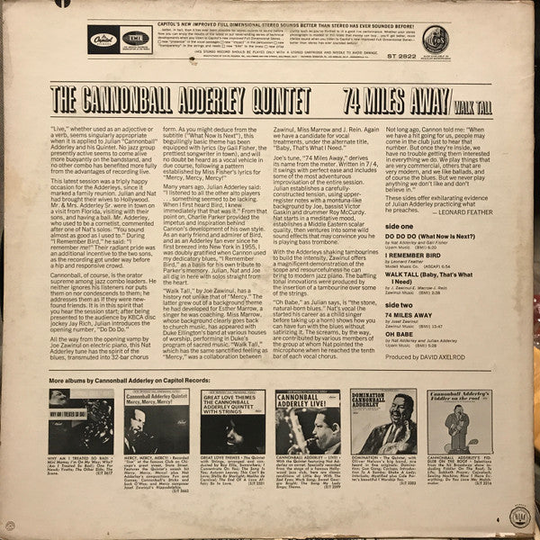 The Cannonball Adderley Quintet : 74 Miles Away / Walk Tall (LP, Album, Scr)