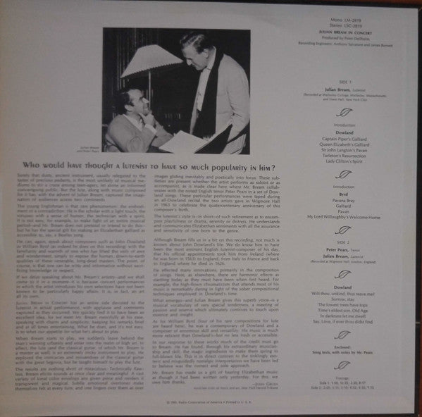 Julian Bream, Peter Pears : Julian Bream In Concert (LP, Mono)