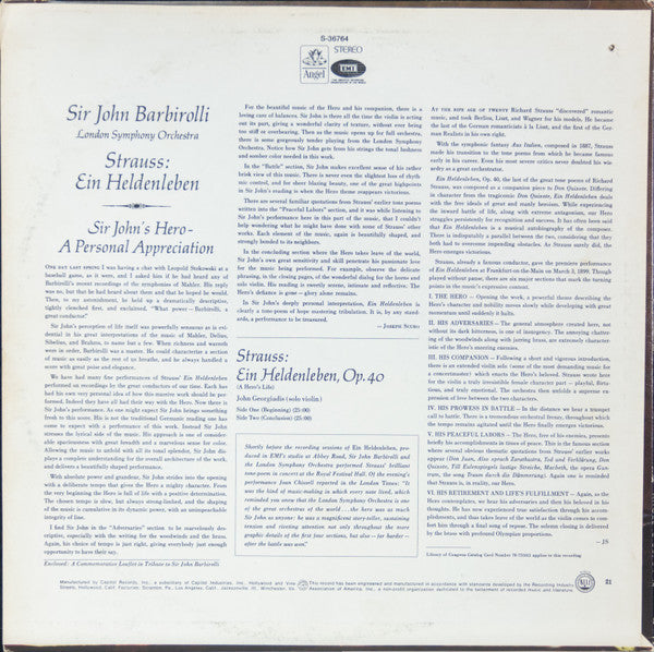 Richard Strauss - Sir John Barbirolli, London Symphony Orchestra : Ein Heldenleben Op.40 (A Hero's Life) (LP, Album)
