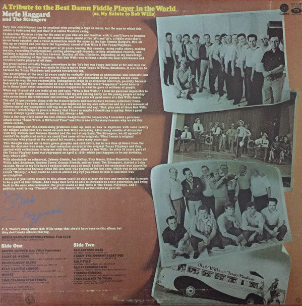 Merle Haggard : A Tribute To The Best Damn Fiddle Player In The World: Or, My Salute To Bob Wills (LP, Album, RE)